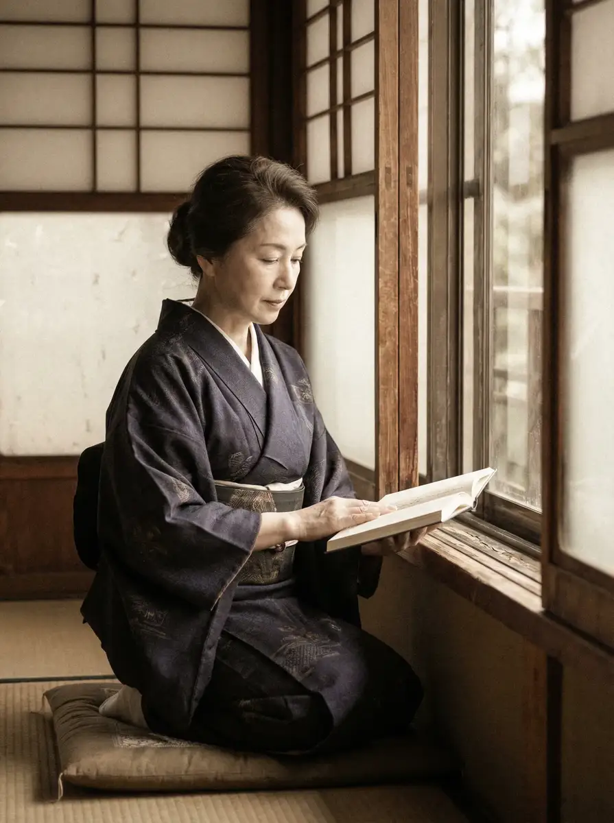 一位优雅的五十岁 公司里的艳妇们都熟透了 身穿深蓝色和服，在窗边静读